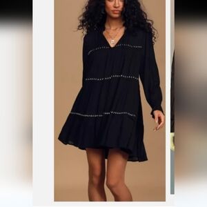 Lulus Make Some Waves Black Tiered Long Sleeve Swing Dress